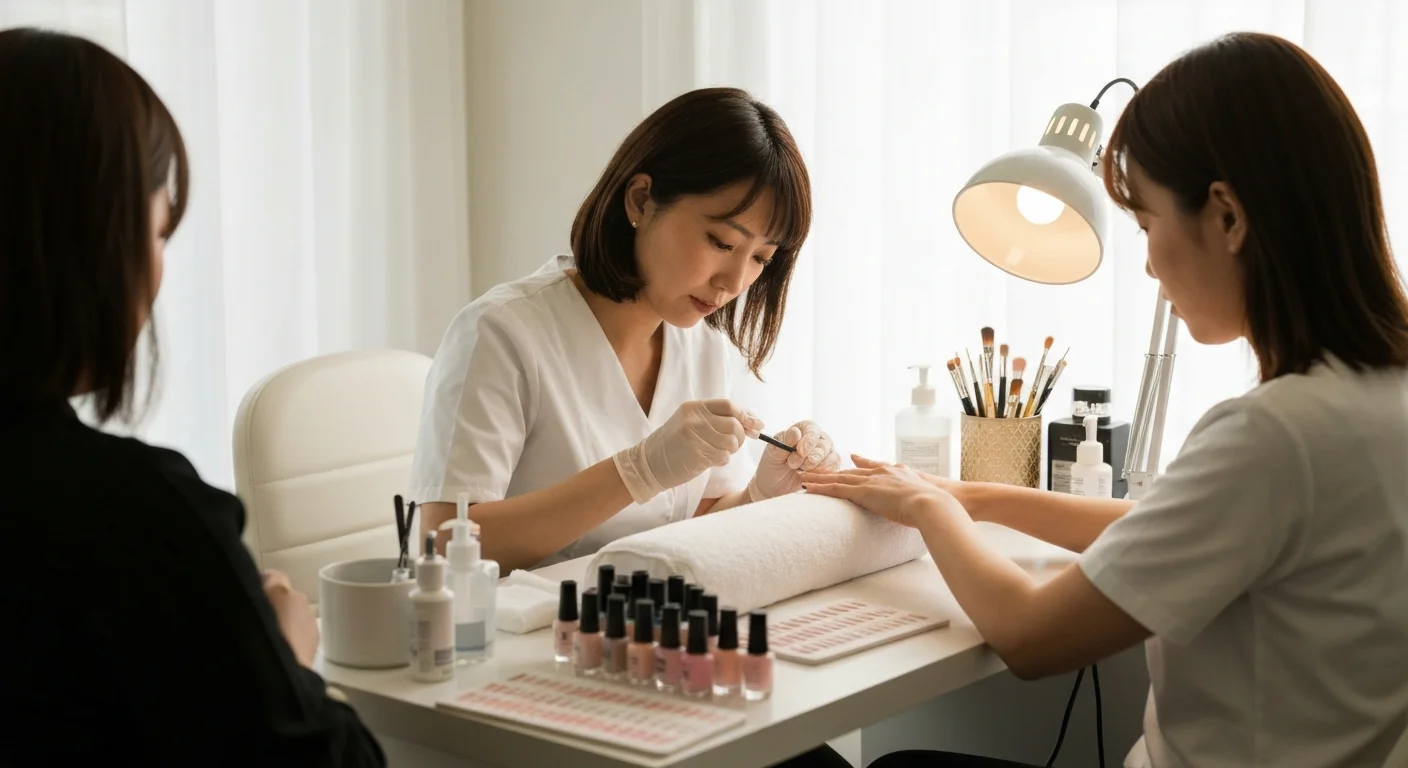 施術用のテーブルとネイルデザイン見本が並ぶ、淡い照明のサロン内観